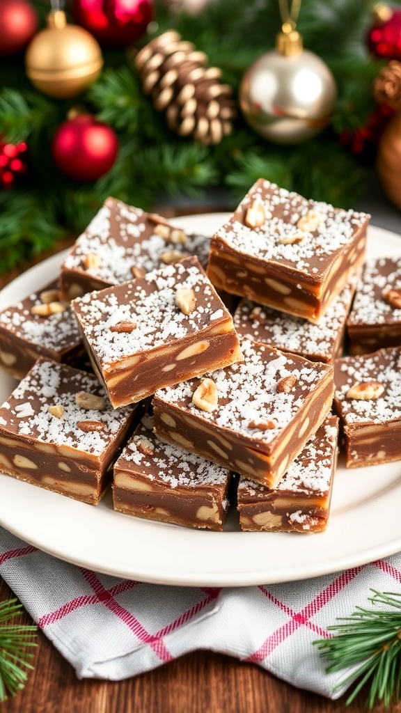 A plate of Christmas 7 layer bars with chocolate, coconut, and nuts, decorated for the holidays.